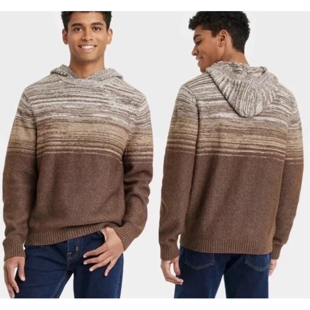 Goodfellow & Co Mens L Ribbed Hem Hooded Pullover Sweater Brown Academic Preppy‎